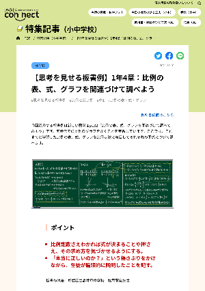 【思考を見せる板書例】1年4章：比例の表、式、グラフを関連づけて調べよう