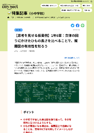 【思考を見せる板書例】1年6章：立体の回りにかけたひもの長さを比べることで、展開図の有用性を知ろう