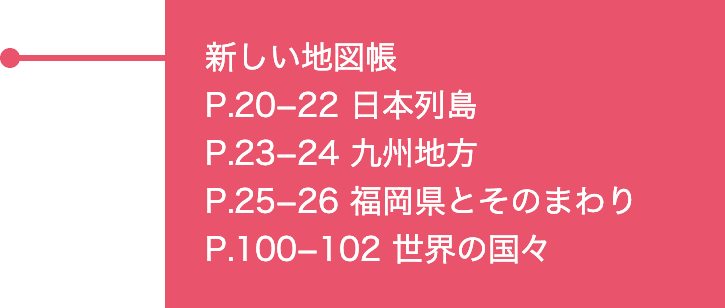 新しい地図帳 P.20−22 日本列島 P.23−24 九州地方 P.25−26 福岡県とそのまわり P.100−102 世界の国々